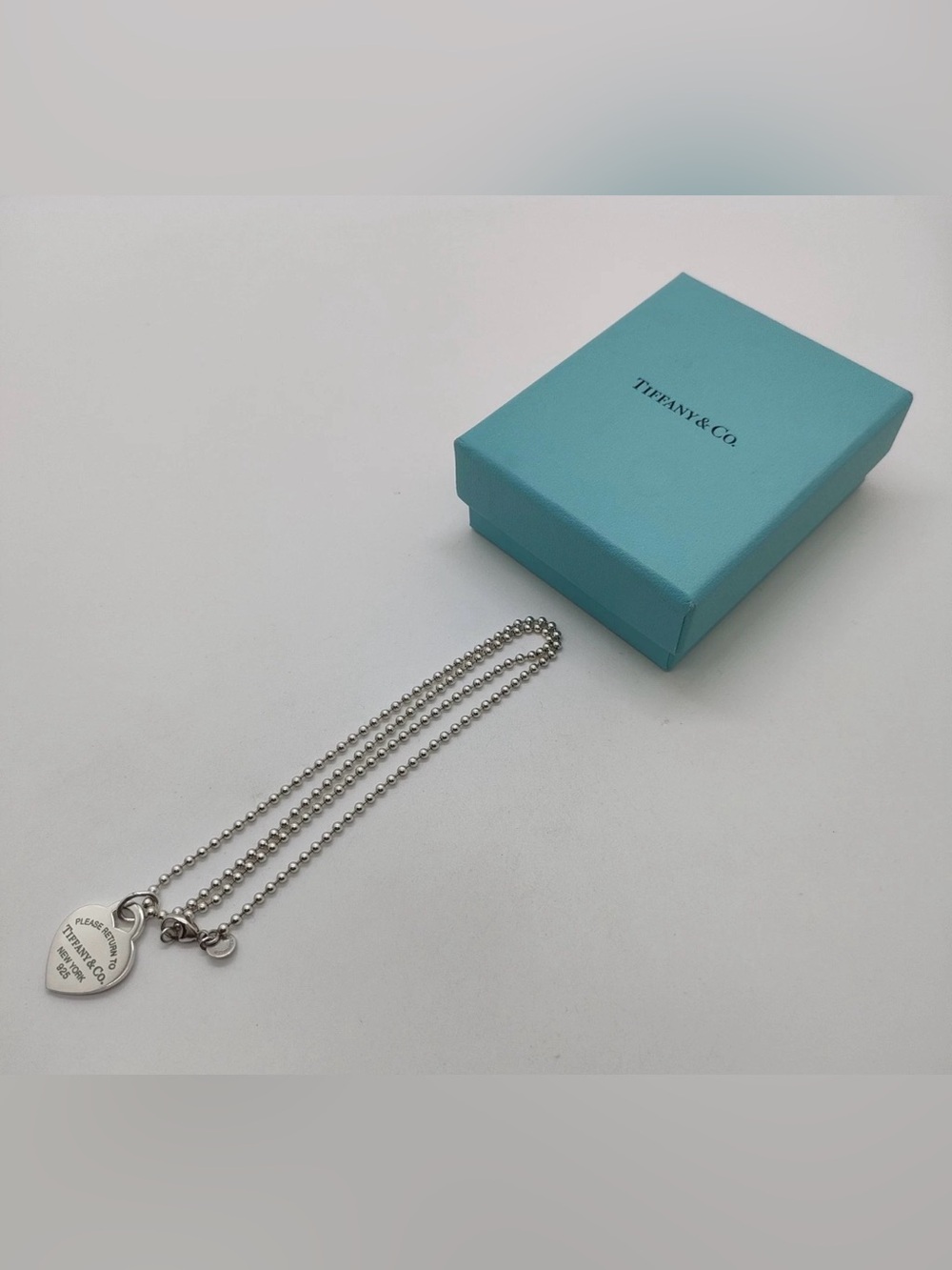 Tiffany & Co. Silver Heart Tag Ball Chain Necklace with Blue Box